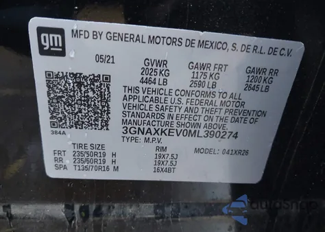 2021 Chevrolet Equinox Fwd Lt z USA, uszkodzony, nr VIN 3GNAXKEV0ML390274